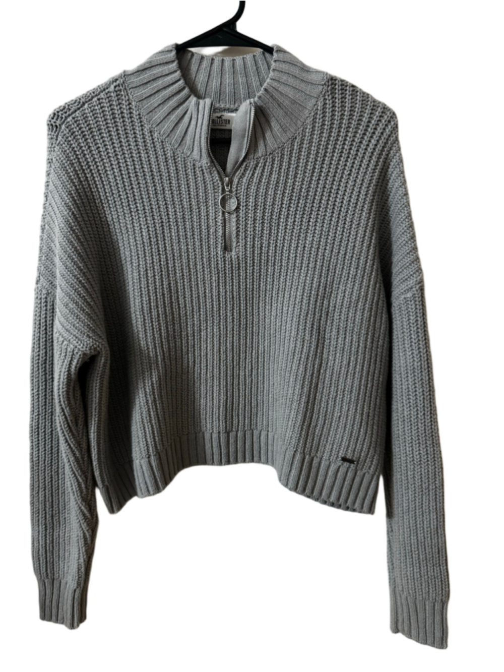 Hollister Women’s XS Gray Chunky Knit Cropped Quarter Zip Sweater Ring Pull